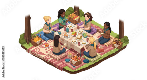 Isometric illustration of a diverse group of young girls in Girl Scout uniforms having a picnic on a colorful blanket in a park with trees and greenery around them.