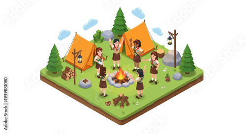 Isometric illustration of Girl Scouts celebrating National Girl Scout Day with teamwork and activities around a campfire in a forest clearing with tents and trees, conveying a sense of