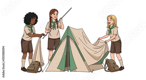 Illustration of three Girl Scouts teamwork setting up a tent for camping with green and beige uniforms and gear on a white background.