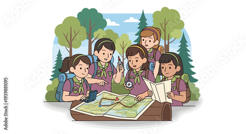 Illustration of a group of girls in Girl Scout uniforms examining a map outdoors on National Girl Scout Day, with trees and blue sky in the background.