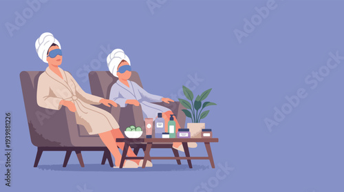 Two women relaxing in spa robes and towels.