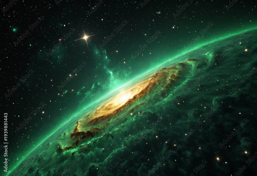 Obraz premium Emerald green gas clouds and stars swirling in outer space