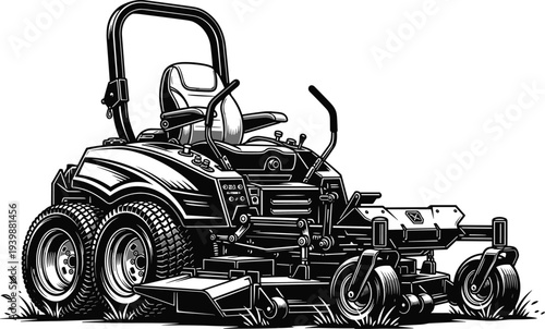 Vintage engraved lawn mower tractor illustration, garden landscaping machine, grass cutting equipment, retro agricultural vehicle sketch isolated
