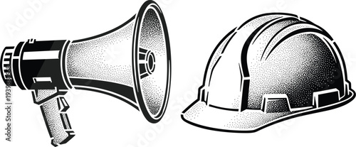 Vintage engraved construction safety illustration, megaphone loudspeaker and protective hard hat, industrial equipment sketch, retro work safety concept