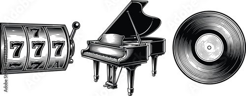 Vintage music entertainment illustration set, slot machine jackpot, grand piano instrument, vinyl record disc, retro engraved sketch collection