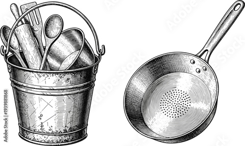 Vintage engraved kitchen utensils illustration, metal bucket with tools, frying pan cookware, retro culinary equipment sketch collection