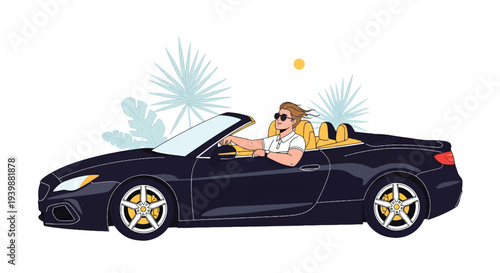 Luxury Lifestyle Rich Man Driving Convertible Sports Car Flat Vector Illustration