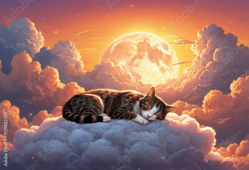 Fantasy illustration of a ginger tabby cat sleeping on a cloud with a giant full moon