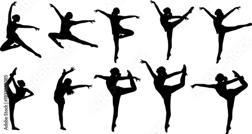 Dancer and gymnast silhouettes set performing energetic poses, flexibility balance strength isolated on white background, fitness sport illustration stock 
