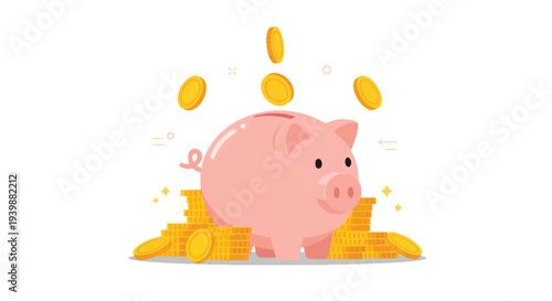 Piggy Bank Saving Money With Gold Coins Personal Finance Concept Flat Vector