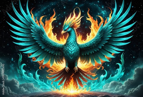 Fantasy illustration of a blue phoenix rising from flames