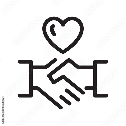 Handshake friendly agreement partnership deal corporate trust contract thin outline icon. Minimalist line sign two hands shaking each other and heart symbol. Vector isolated pictogram for web and app.