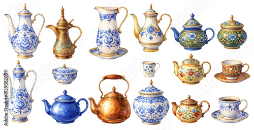 A charming watercolor collection of arabian decorative teapots, coffee pots, and cups with floral ceramic patterns for vintage kitchen illustrations and tea culture design.