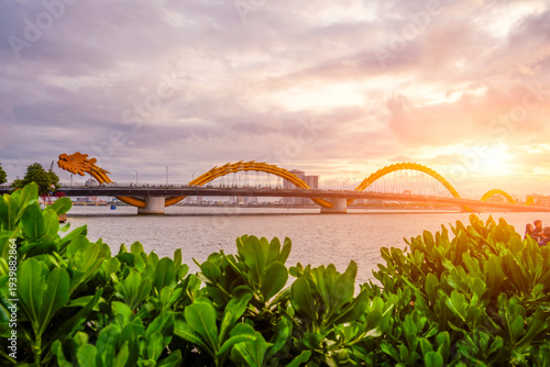 Bild auf Leinwand Head View of Dragon bridge at sunset time evening olden hour beautiful clouds with a warm tint with green foliage and shrubs in the foreground