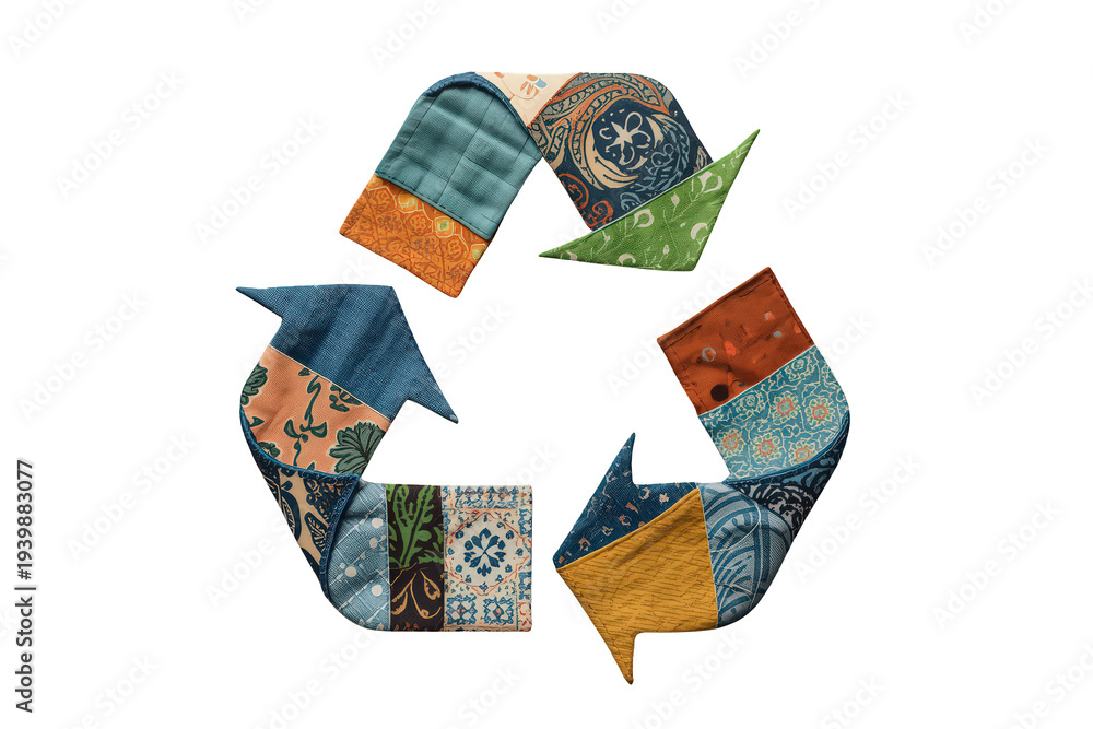 Fototapeta premium Recycling symbol made from colorful patchwork fabric scraps, representing sustainable textile fashion and upcycling