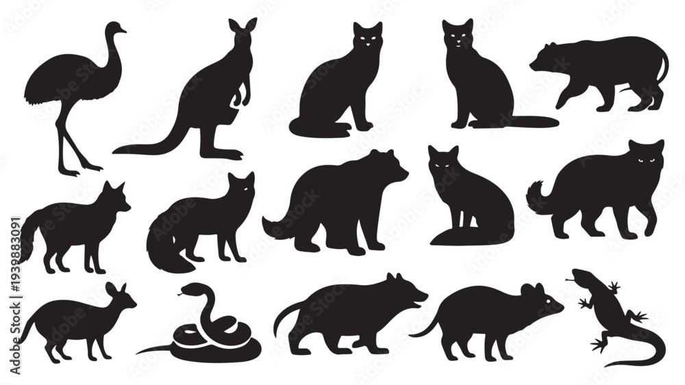 Fototapeta premium Black Silhouette Vector Set of Wild Animals and Birds in Minimalist Flat Design Style