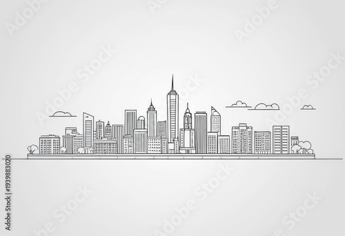 Simple line art illustration of a modern city skyline