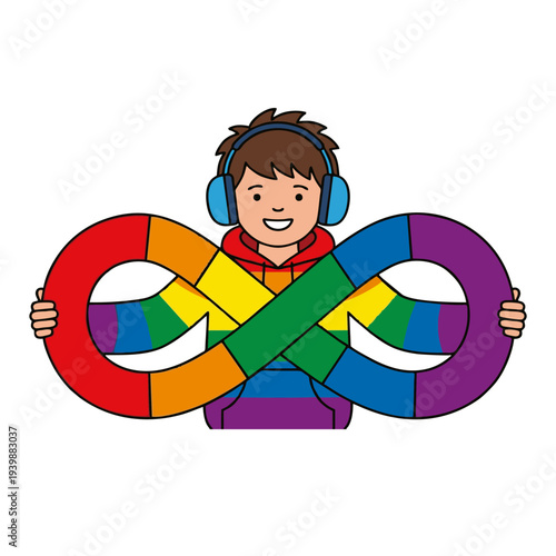 A smiling cartoon boy wearing headphones and a rainbow hoodie, holding a large rainbow infinity symbol, representing autism and neurodiversity.