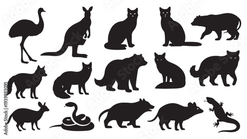 Black Silhouette Vector Set of Wild Animals and Birds in Minimalist Flat Design Style