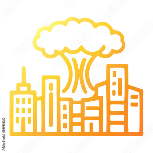 Cityscape devastated by war with mushroom cloud rising above buildings