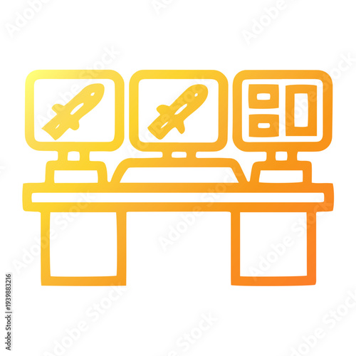 Computer monitors displaying war symbols on a desk in a modern office workspace viewed from the side