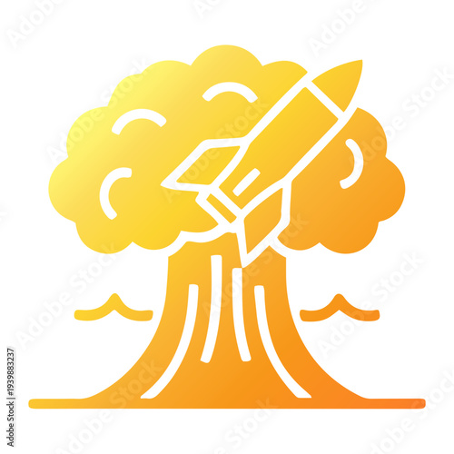 A rocket launches into the sky amidst a massive explosion, symbolizing war and destruction from a distant viewpoint