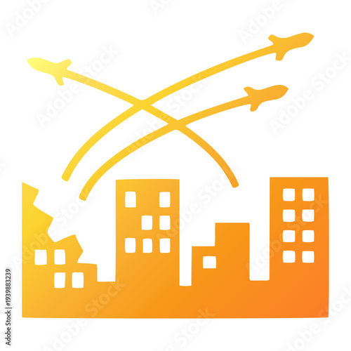 Cityscape amidst war with destroyed buildings and fighter jets flying overhead in a dramatic urban warfare scene