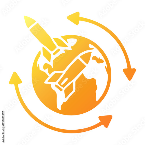 Global conflict illustration showing war efforts and rocket launch around the world in a circular motion