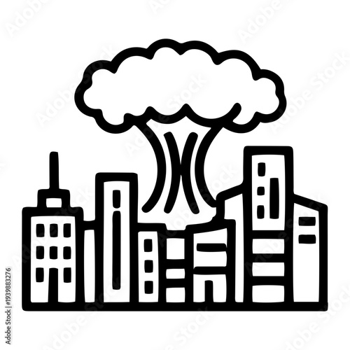 Cityscape illustration depicting war destruction with nuclear explosion over buildings
