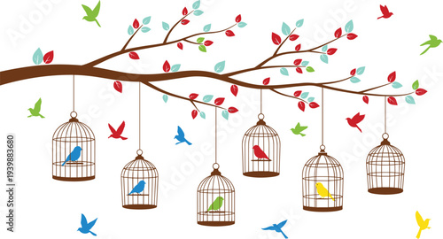 Colorful birds in hanging cages on tree branch with flying birds vector illustration, freedom concept, decorative nature wildlife design element