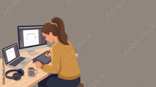 Young woman working on computer with tablet and headphones.