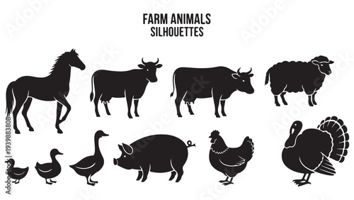 Farm Animal Silhouettes Vector Set: Minimalist Black Livestock and Poultry Icons for Design Projects