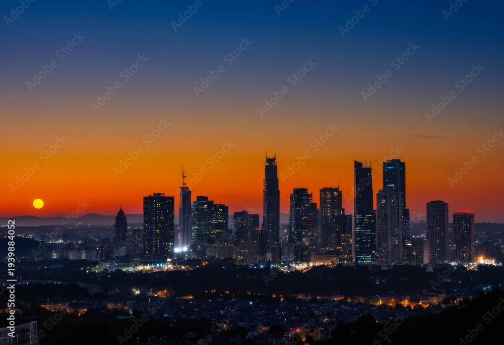 Fototapeta premium Silhouette of Modern Skyscrapers Against a Sunset Sky