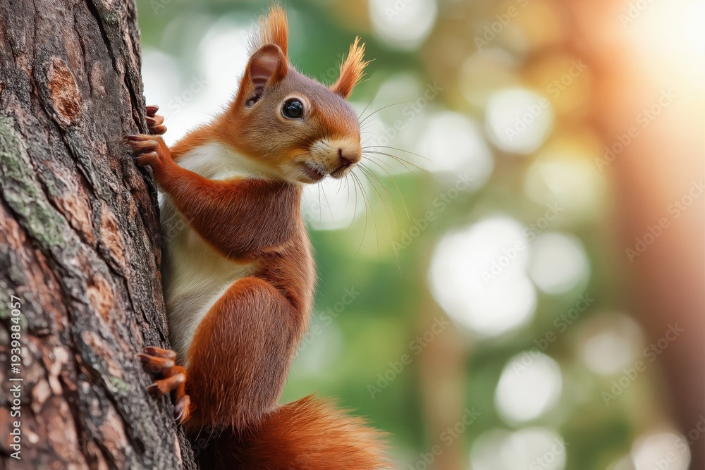 Obraz premium Red squirrel climbing tree bark in forest