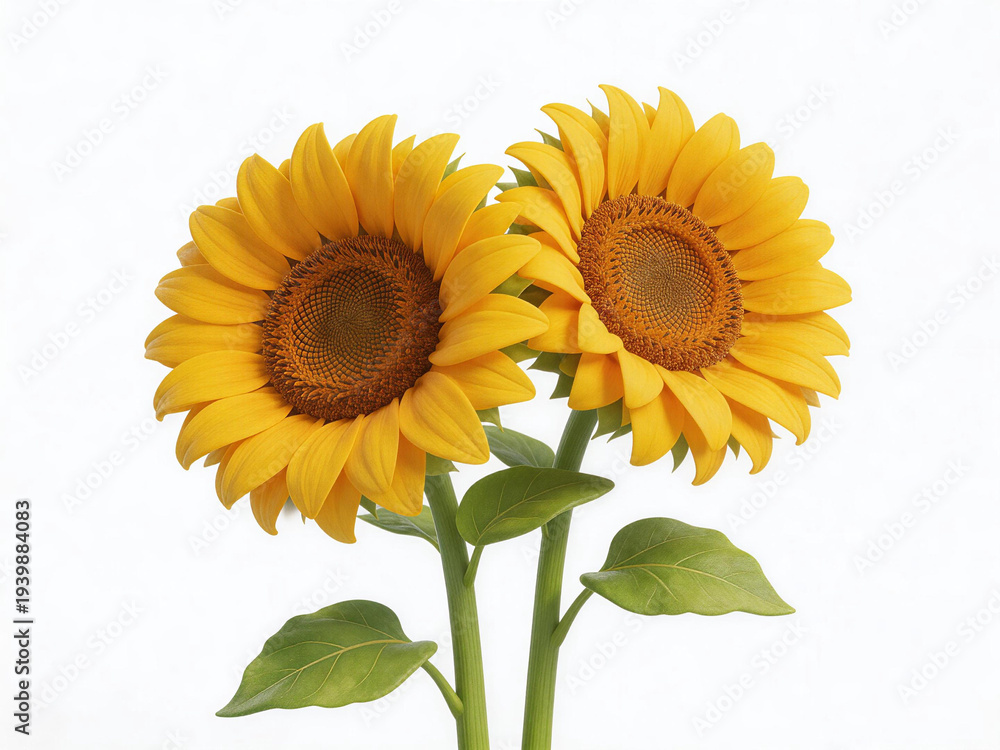 Obraz premium Two Yellow Sunflowers with Green Stems