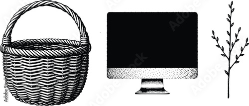 Vintage engraved objects set, wicker basket, computer monitor, tree branch twig, retro hand drawn illustration isolated design elements