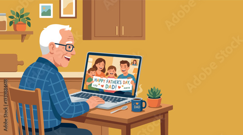 Elderly man video calling family on Fathers Day 1.