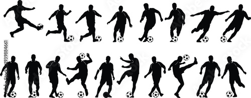 Set of football player silhouettes in various action poses like kicking dribbling and heading isolated on white background for sports design