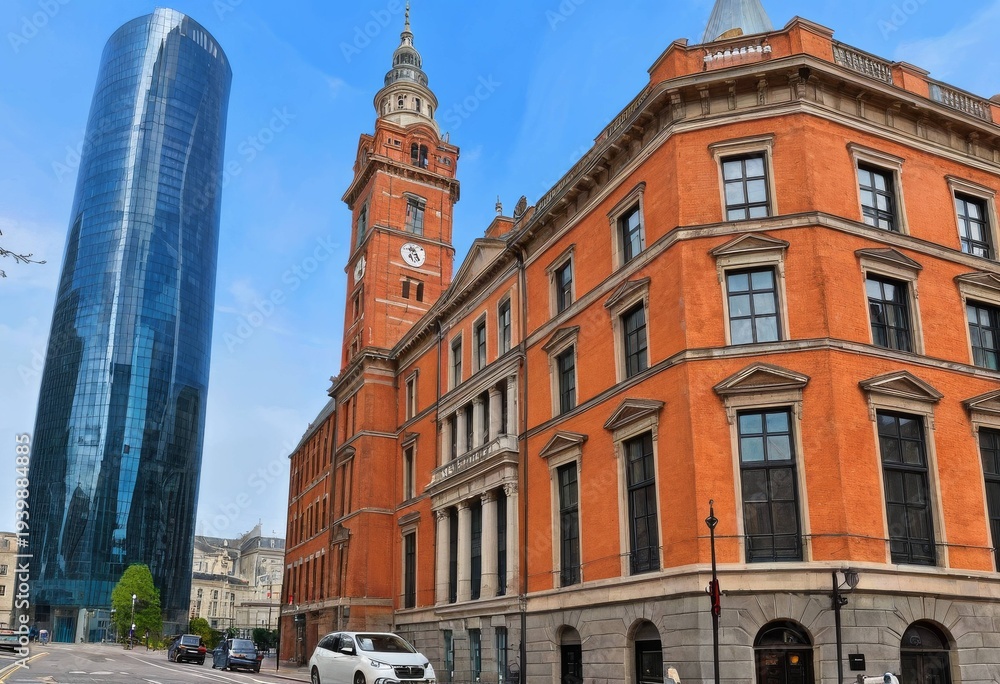 Fototapeta premium Streetscape with Historic Architecture and Modern Glass Building