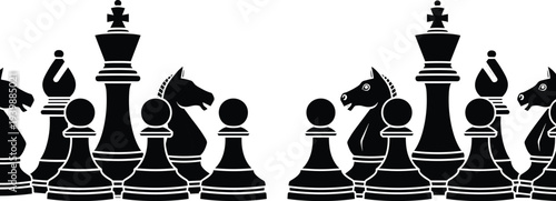 Chess pieces, strategic game, black silhouettes, king, queen, board game, competition, strategy, intelligence, battle, planning, victory, leadership, tactics, mind