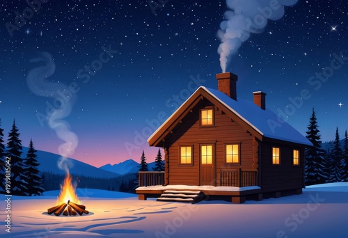 Cozy log cabin with warm lights in a snowy winter forest at night