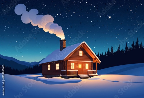 Cozy log cabin with warm lights in a snowy winter forest at night