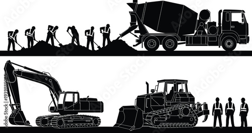 Construction workers silhouettes, heavy machinery, excavator, bulldozer, concrete mixer truck, industrial equipment, building site teamwork, engineering infrastructure development