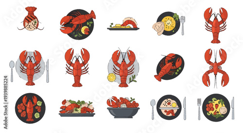 Lobster Seafood Icons Set for Restaurant Menu and Culinary Design