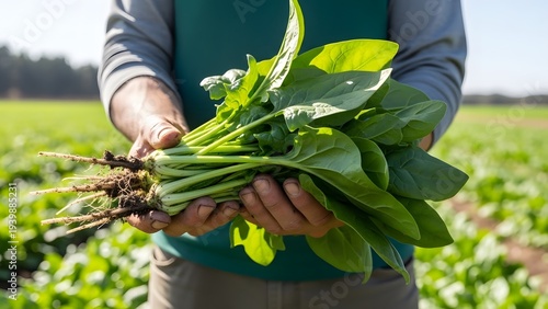 Person holding a bunch of fresh green leafy vegetables in a field