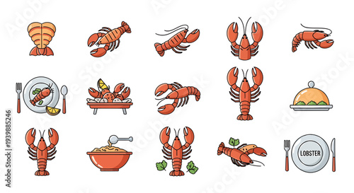 Lobster Seafood Icons and Gourmet Dish Vector Set for Restaurant Menu Design