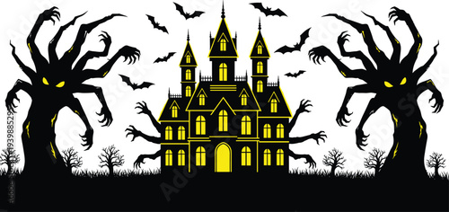 Haunted Halloween castle silhouette, spooky dark forest scene, creepy twisted trees and bats, horror night landscape, scary haunted mansion illustration