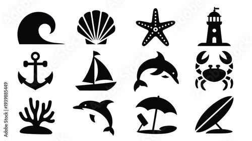 Black silhouette ocean beach logo set with wave shell starfish lighthouse anchor sailboat dolphin crab coral umbrella surfboard icons
