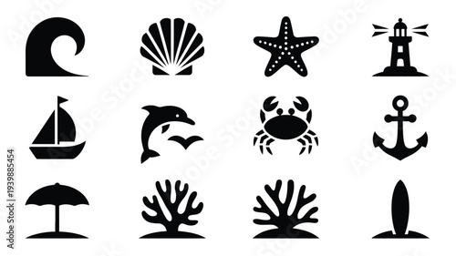 Set of black ocean beach silhouette icons including wave shell starfish lighthouse sailboat dolphin crab anchor umbrella coral surfboard