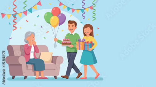 Family celebrating grandmothers birthday with cake and gifts.